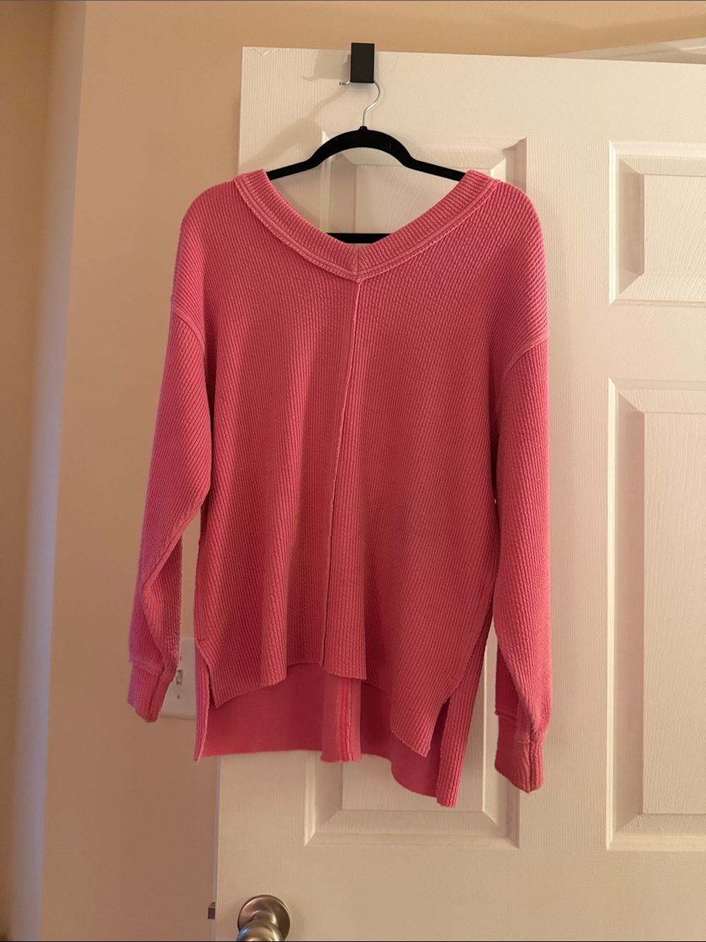 aerie Pink V-Neck Waffle Knit Pullover Sweater
